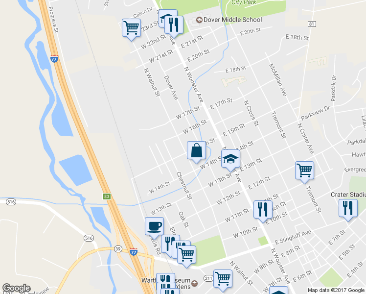 map of restaurants, bars, coffee shops, grocery stores, and more near 1508 North Walnut Street in Dover