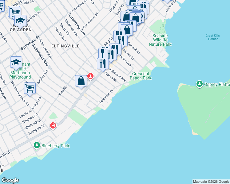 map of restaurants, bars, coffee shops, grocery stores, and more near 17 Thornycroft Avenue in Staten Island