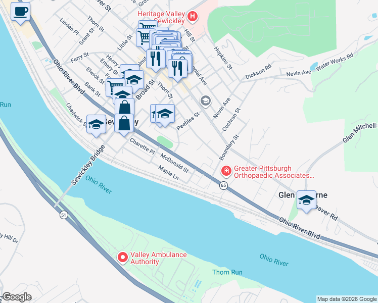 map of restaurants, bars, coffee shops, grocery stores, and more near 842 Thorn Street in Sewickley