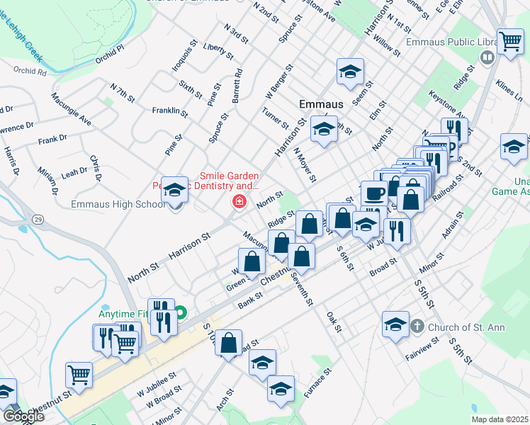 map of restaurants, bars, coffee shops, grocery stores, and more near 221 North 7th Street in Emmaus