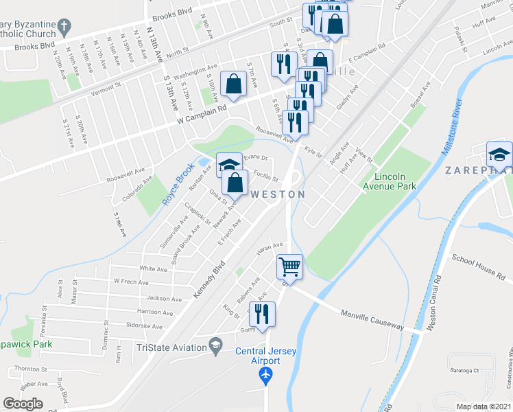 map of restaurants, bars, coffee shops, grocery stores, and more near 611 East Frech Avenue in Manville