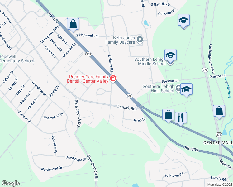 map of restaurants, bars, coffee shops, grocery stores, and more near 5341 West Valley Road in Lehigh County