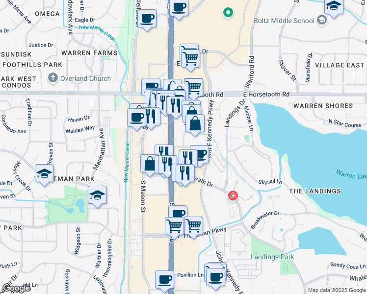 map of restaurants, bars, coffee shops, grocery stores, and more near 169 Bockman Drive in Fort Collins