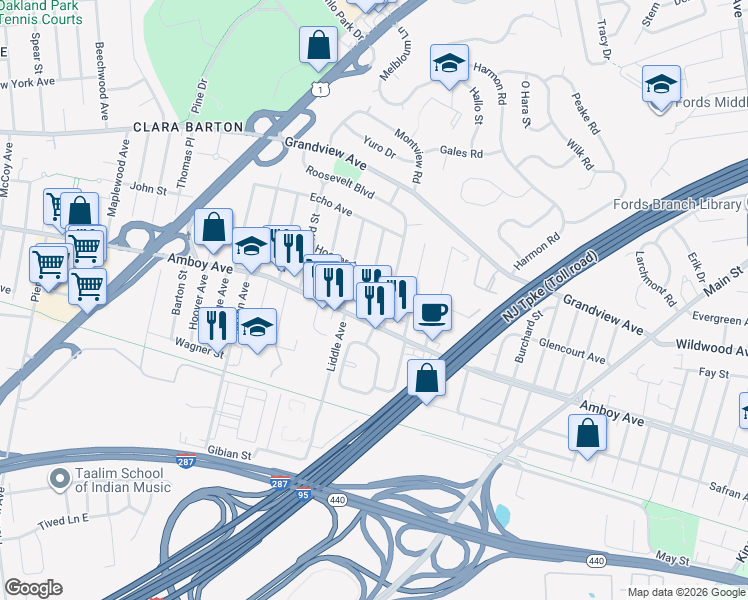 map of restaurants, bars, coffee shops, grocery stores, and more near 20 6th Street in Edison