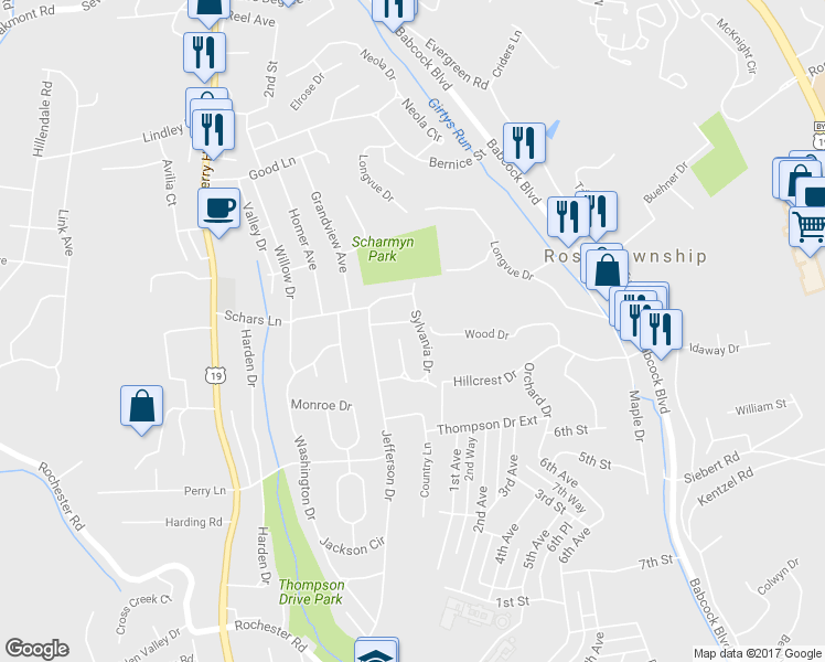 map of restaurants, bars, coffee shops, grocery stores, and more near 408 Wood Drive in Pittsburgh