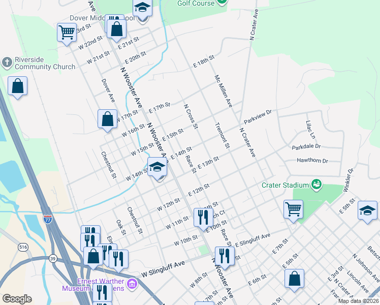 map of restaurants, bars, coffee shops, grocery stores, and more near 204 East 14th Street in Dover