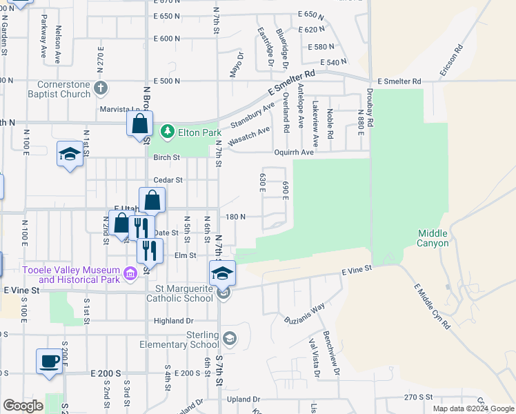 map of restaurants, bars, coffee shops, grocery stores, and more near 191 630 East in Tooele