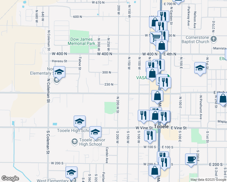 map of restaurants, bars, coffee shops, grocery stores, and more near 220 West Utah Avenue in Tooele
