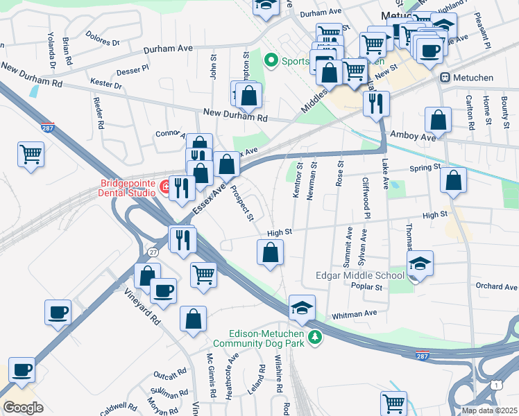 map of restaurants, bars, coffee shops, grocery stores, and more near 60-2 Prospect Street in Metuchen