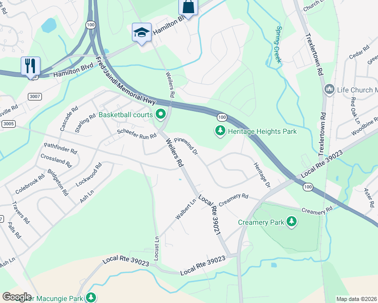 map of restaurants, bars, coffee shops, grocery stores, and more near 1580 Pinewind Drive in Alburtis