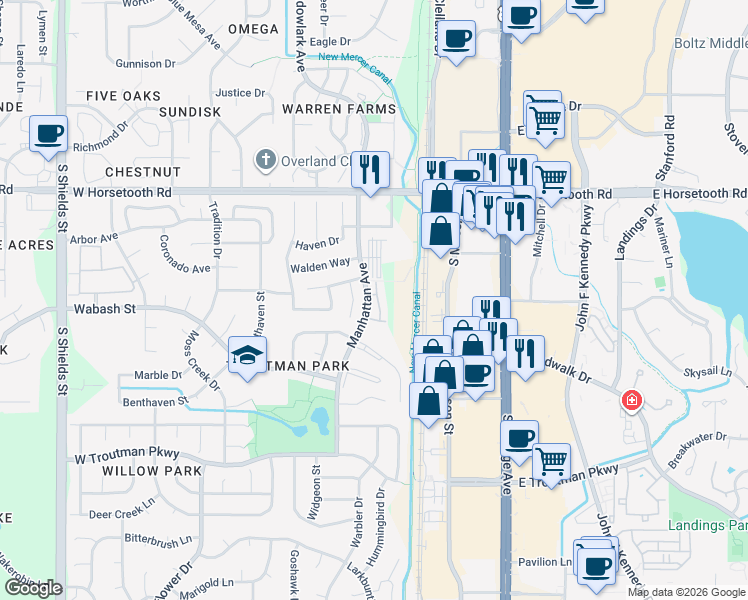 map of restaurants, bars, coffee shops, grocery stores, and more near 3812 Manhattan Avenue in Fort Collins
