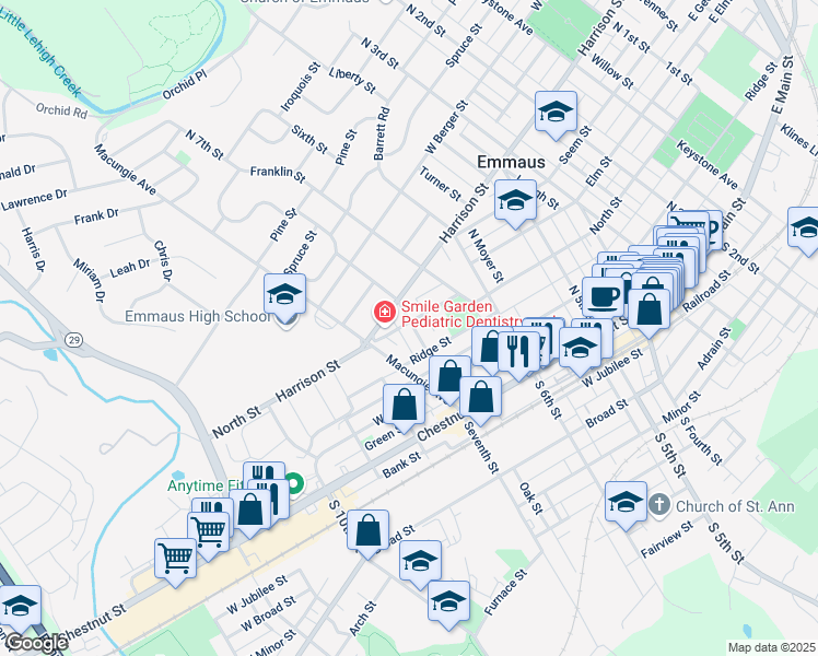 map of restaurants, bars, coffee shops, grocery stores, and more near 230 North 7th Street in Emmaus