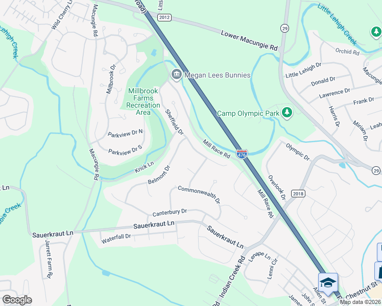 map of restaurants, bars, coffee shops, grocery stores, and more near 3086 Sheffield Dr in Emmaus
