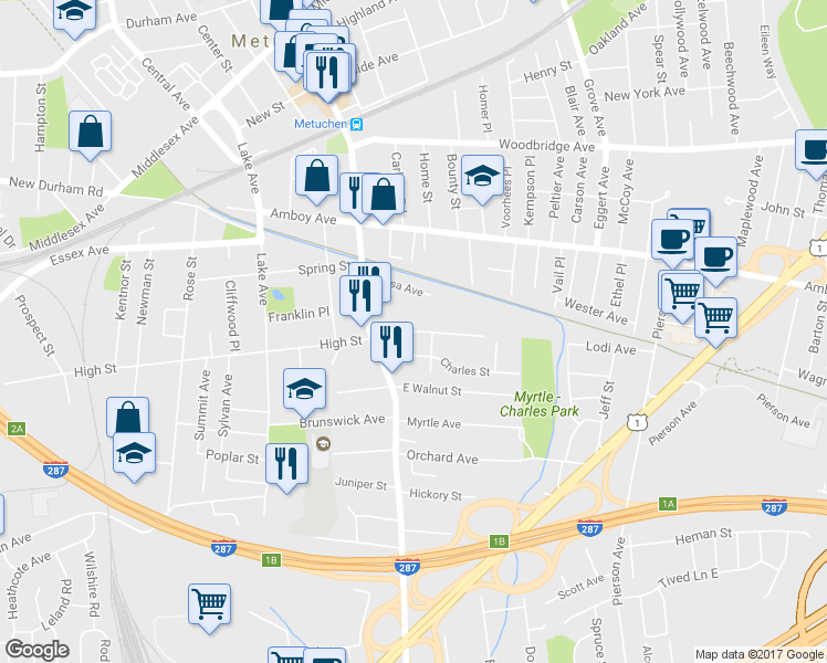 map of restaurants, bars, coffee shops, grocery stores, and more near 36 Lincoln Avenue in Metuchen