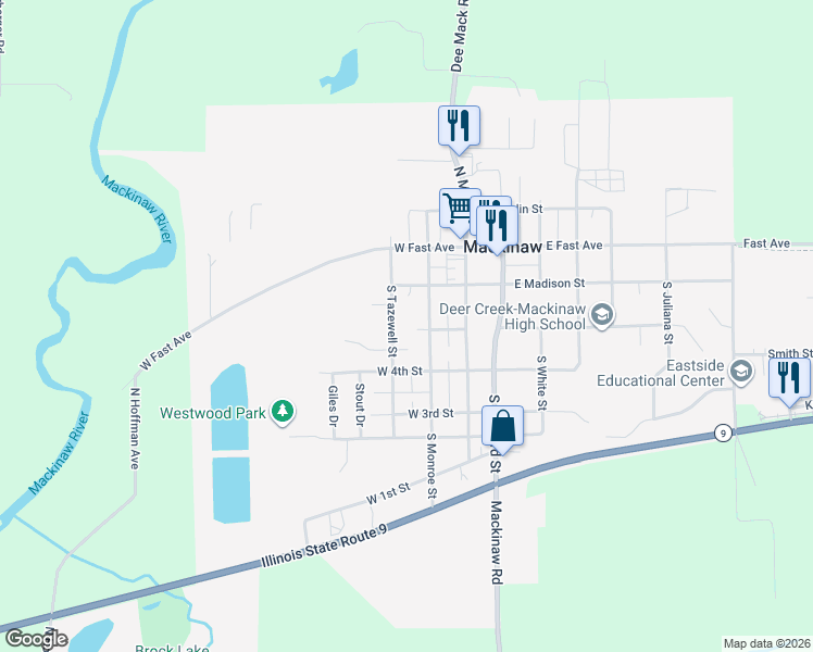 map of restaurants, bars, coffee shops, grocery stores, and more near 212 West 5th Street in Mackinaw