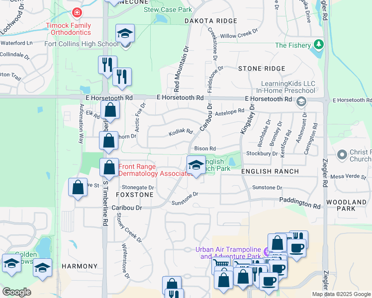 map of restaurants, bars, coffee shops, grocery stores, and more near 3813 Caribou Drive in Fort Collins