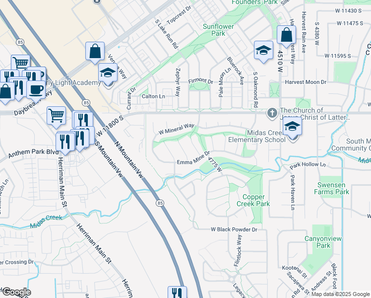 map of restaurants, bars, coffee shops, grocery stores, and more near 11935 South Powder Cove in Herriman