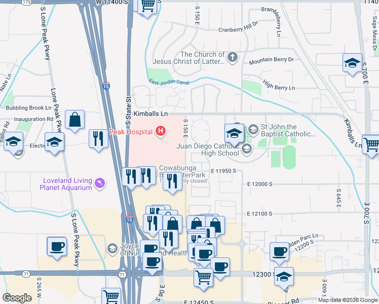 map of restaurants, bars, coffee shops, grocery stores, and more near 157 Kimballfield Lane in Draper