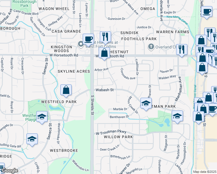 map of restaurants, bars, coffee shops, grocery stores, and more near 1020 Wabash Street in Fort Collins