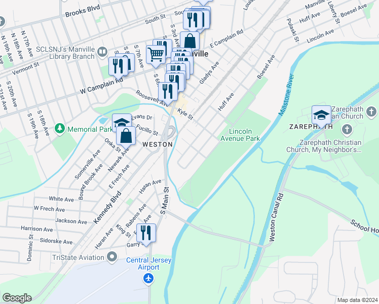 map of restaurants, bars, coffee shops, grocery stores, and more near 85 Boesel Avenue in Manville