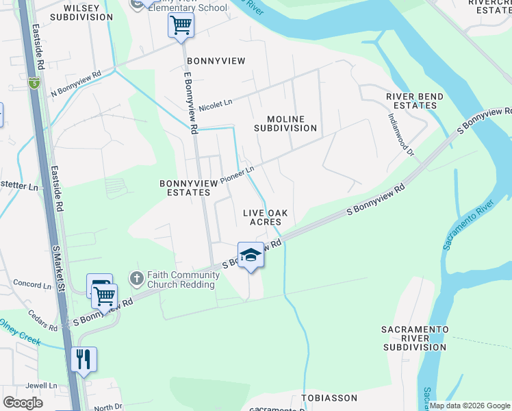 map of restaurants, bars, coffee shops, grocery stores, and more near 5780 Live Oak Lane in Redding
