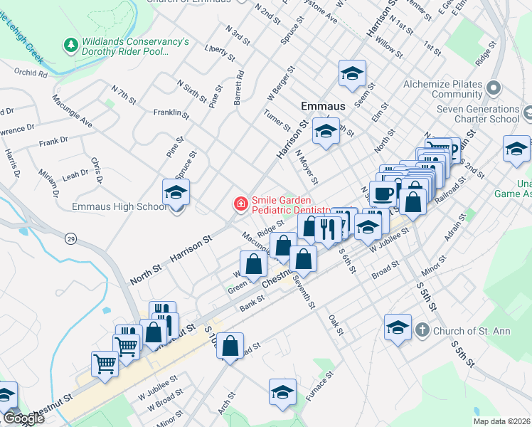 map of restaurants, bars, coffee shops, grocery stores, and more near 230 North 7th Street in Emmaus