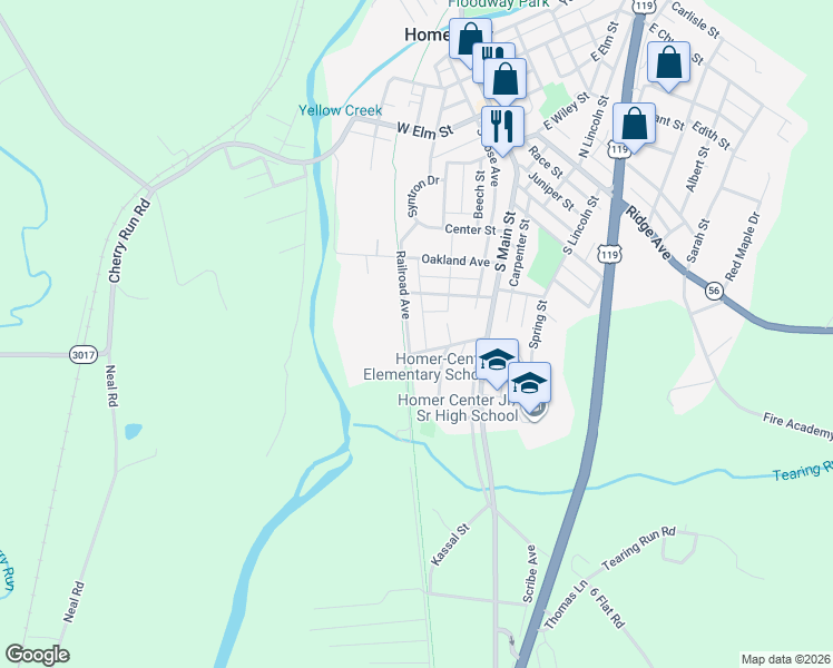map of restaurants, bars, coffee shops, grocery stores, and more near 600 Railroad Avenue in Homer City
