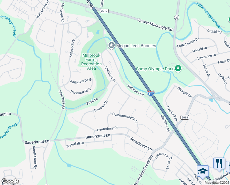 map of restaurants, bars, coffee shops, grocery stores, and more near 3086 Sheffield Drive in Emmaus