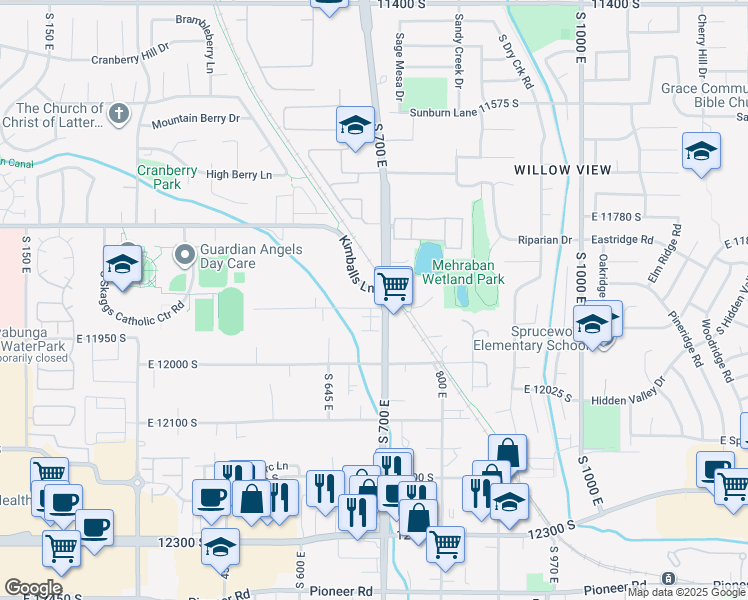 map of restaurants, bars, coffee shops, grocery stores, and more near 689 East 11900 South in Draper
