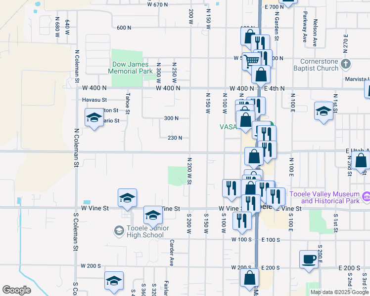 map of restaurants, bars, coffee shops, grocery stores, and more near 214 West Utah Avenue in Tooele