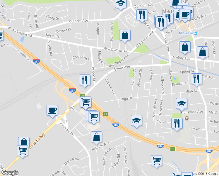 map of restaurants, bars, coffee shops, grocery stores, and more near 37 Prospect Street in Metuchen