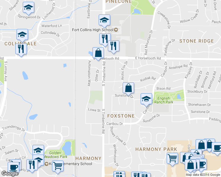 map of restaurants, bars, coffee shops, grocery stores, and more near 2117 Bighorn Rd in Fort Collins
