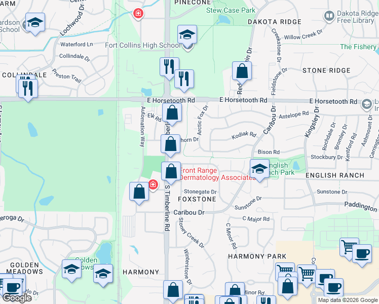 map of restaurants, bars, coffee shops, grocery stores, and more near 2202 Whitetail Place in Fort Collins