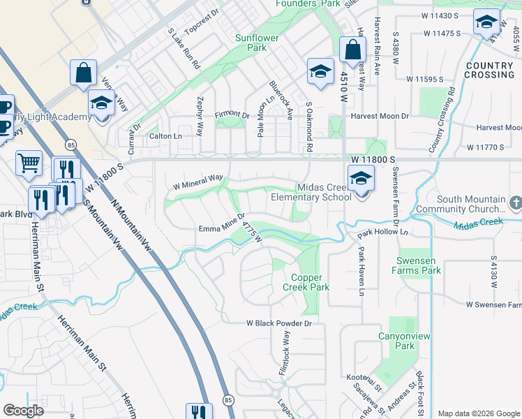 map of restaurants, bars, coffee shops, grocery stores, and more near 4726 Emma Mine Drive in Herriman
