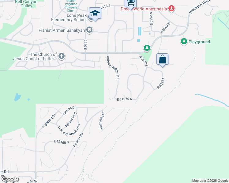 map of restaurants, bars, coffee shops, grocery stores, and more near 11932 Autumn Ridge Drive East in Sandy