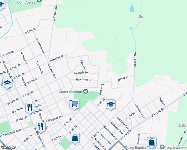 map of restaurants, bars, coffee shops, grocery stores, and more near 716 Parkdale Drive in Dover