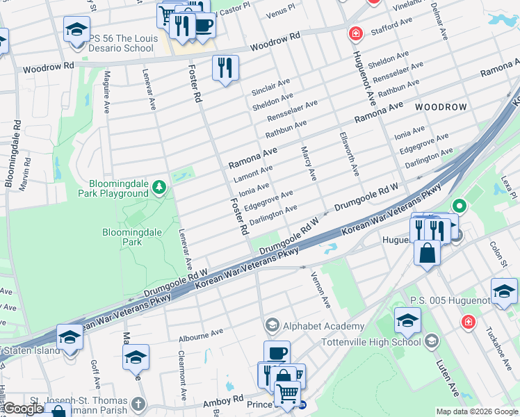 map of restaurants, bars, coffee shops, grocery stores, and more near 485 Darlington Avenue in Staten Island