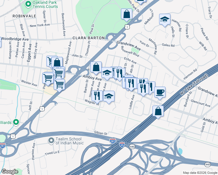 map of restaurants, bars, coffee shops, grocery stores, and more near 211 Cabot Avenue in Edison