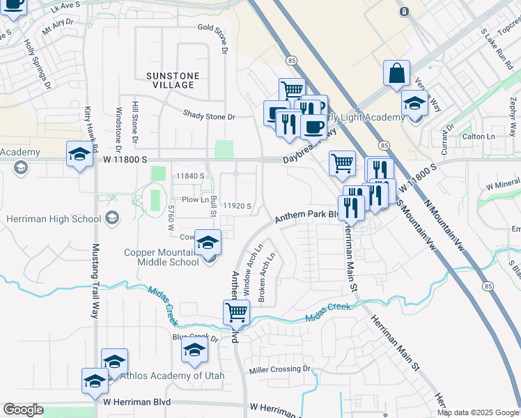 map of restaurants, bars, coffee shops, grocery stores, and more near 11954 South Freedom in Herriman