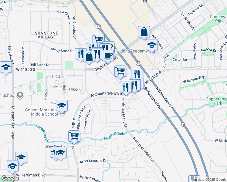 map of restaurants, bars, coffee shops, grocery stores, and more near 5363 Borglum Lane in Herriman