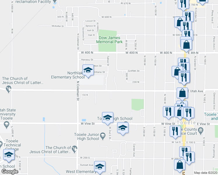 map of restaurants, bars, coffee shops, grocery stores, and more near 430 West Utah Avenue in Tooele