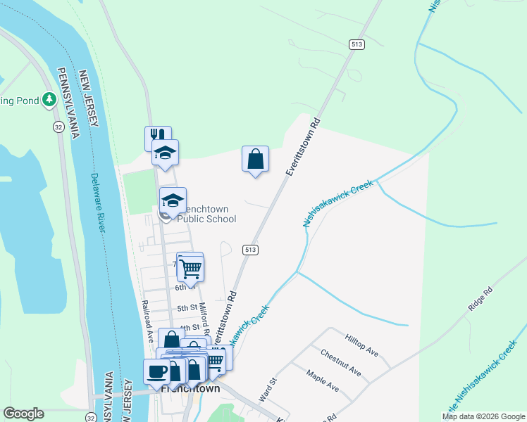 map of restaurants, bars, coffee shops, grocery stores, and more near 45 Everittstown Road in Frenchtown