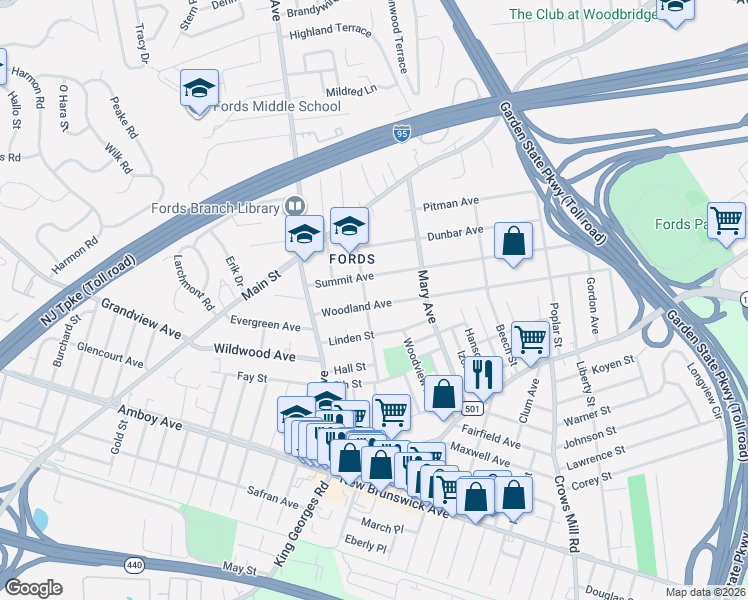 map of restaurants, bars, coffee shops, grocery stores, and more near 67 Woodland Avenue in Woodbridge Township