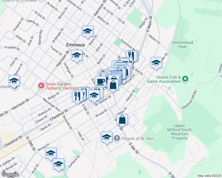 map of restaurants, bars, coffee shops, grocery stores, and more near 409 Railroad Street in Emmaus