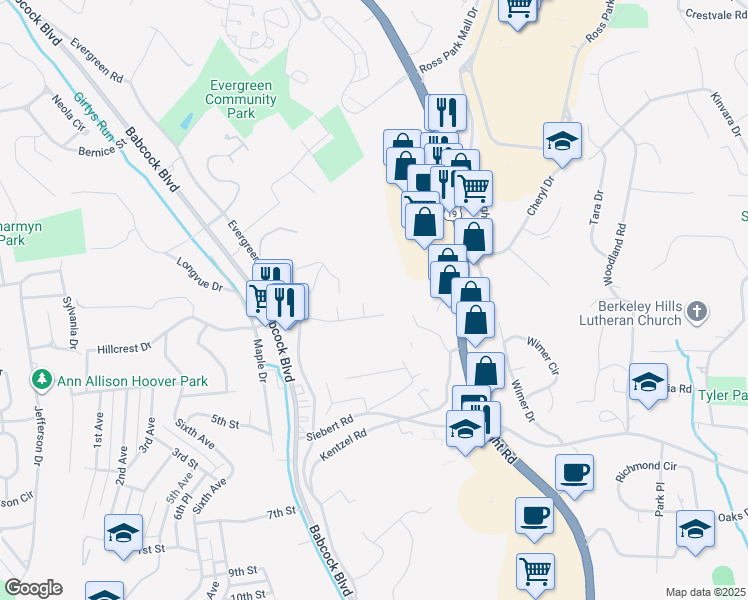 map of restaurants, bars, coffee shops, grocery stores, and more near 129 Idaway Drive in Pittsburgh