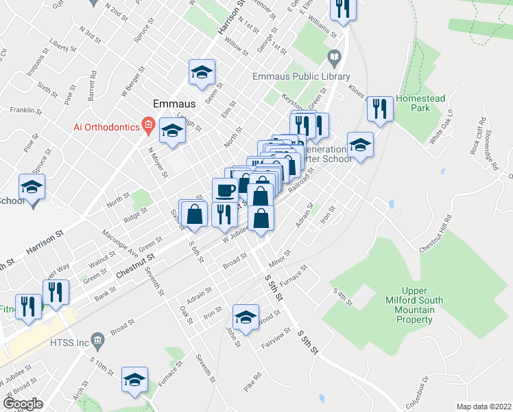 map of restaurants, bars, coffee shops, grocery stores, and more near 14 South 4th Street in Emmaus