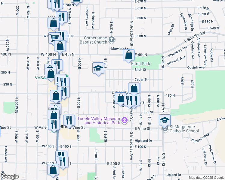 map of restaurants, bars, coffee shops, grocery stores, and more near 207 North 2nd Street in Tooele