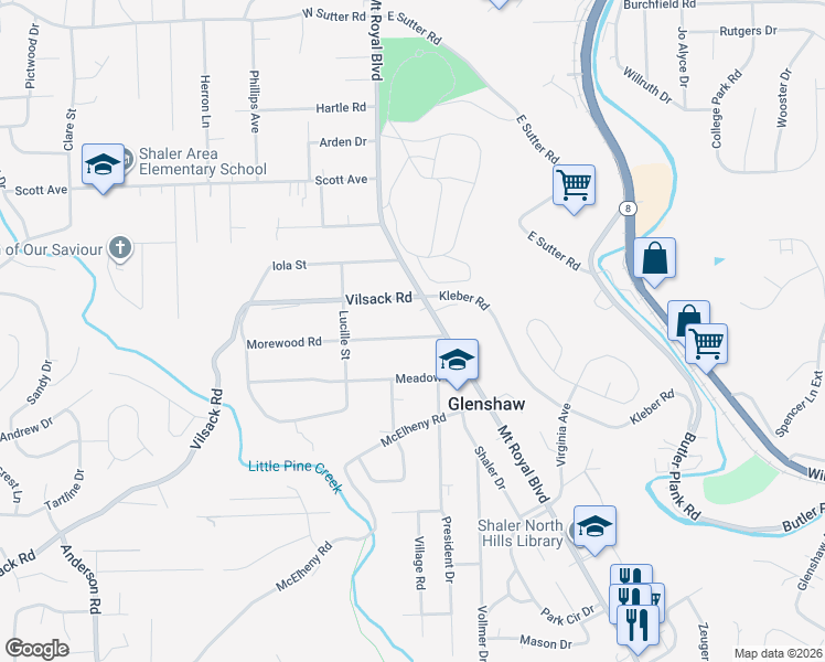 map of restaurants, bars, coffee shops, grocery stores, and more near 110 Morewood Road in Glenshaw