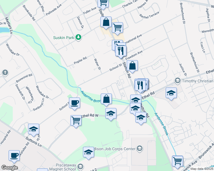 map of restaurants, bars, coffee shops, grocery stores, and more near 74 Andrews Way in Piscataway