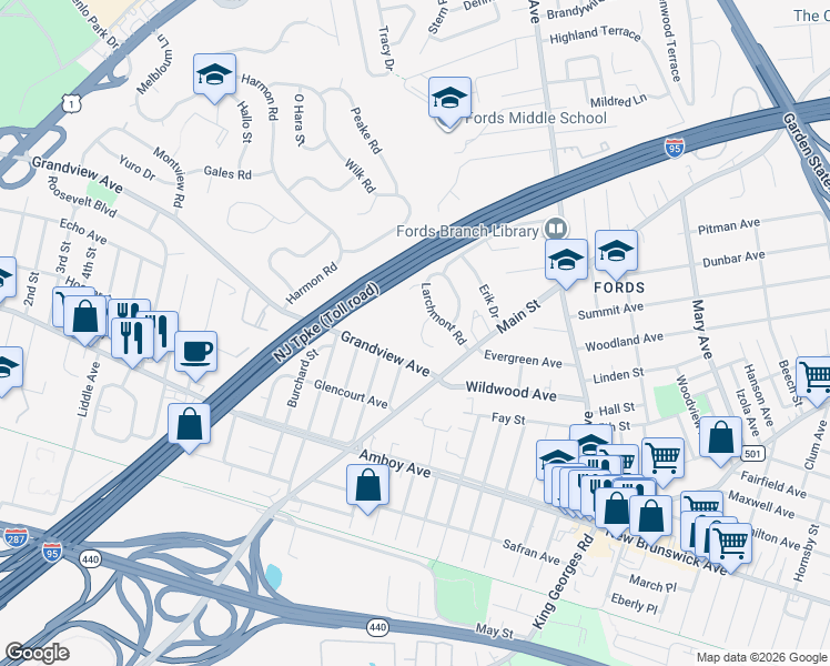 map of restaurants, bars, coffee shops, grocery stores, and more near 8 Adelphi Court in Edison